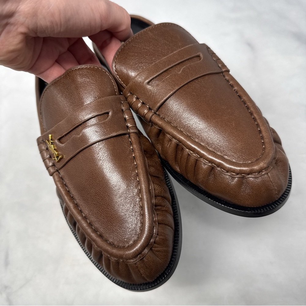 NEW Saint Laurent YSL Le Loafer Penny Mule Leather Backless Flat Shoes Brown 36 - Picture 4 of 10